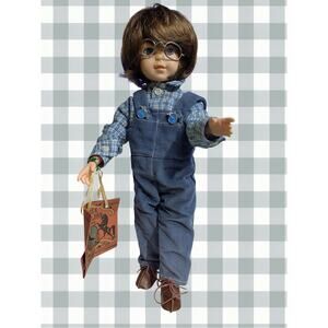 Vintage 1990 Robin Woods David Doll Brown Hair w/Glasses Overalls Collectable